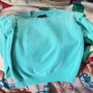 Turquoise Sterling Kreek Sweater with Pearl Detailing and Puff Sleeve